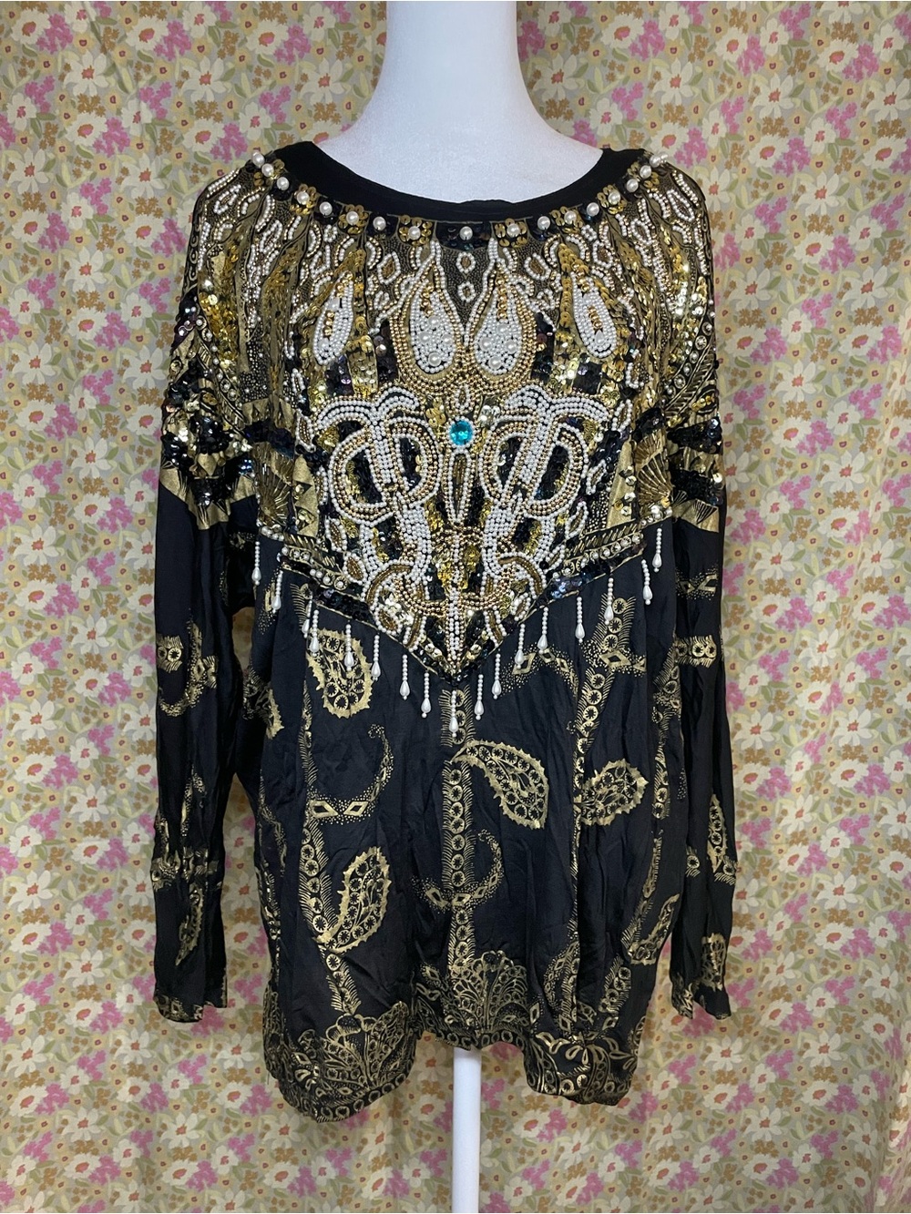 Dalia Collection Black and Gold Beaded Long-Sleeve Blouse